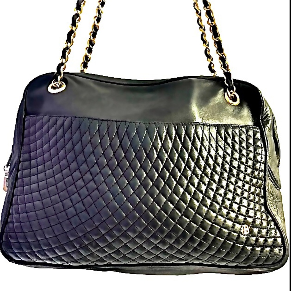 Bally Black Leather Quilted  Chain Shoulder Bag  Vintage Italy
